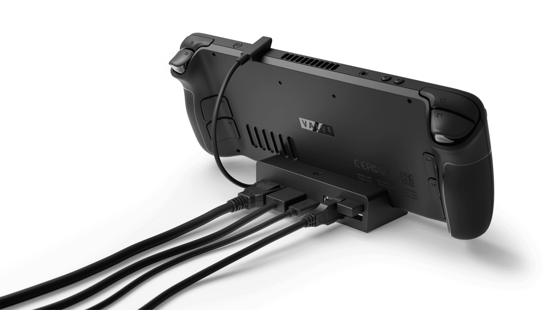 Steam Deck handheld in its docking station, representing handheld gaming accessories