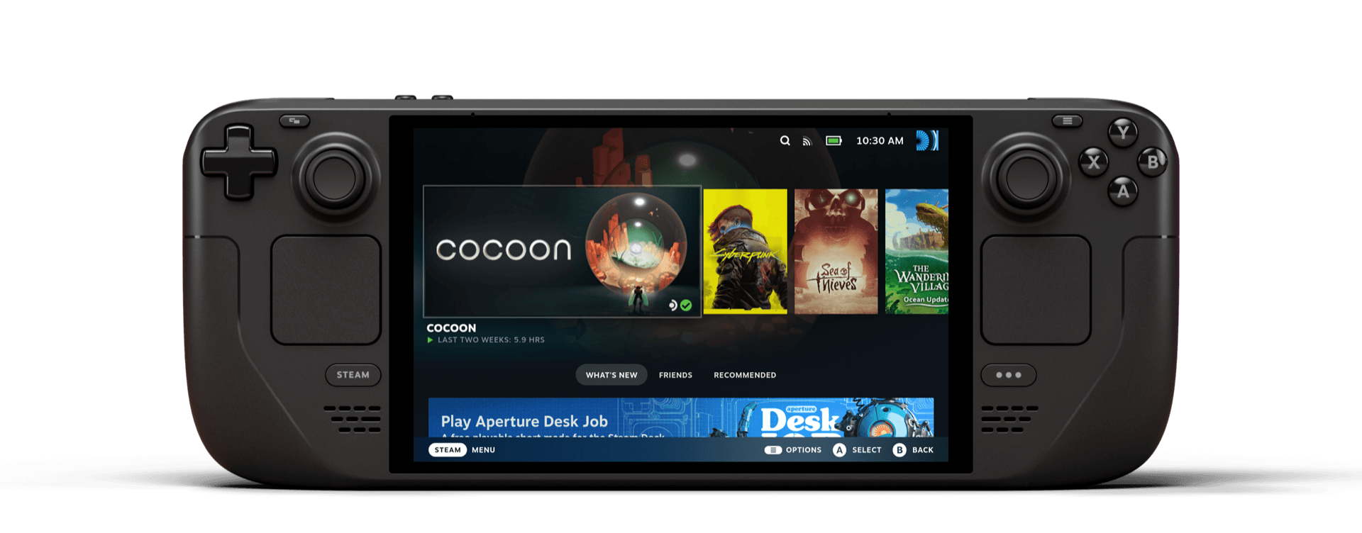 Steam Deck OLED handheld viewed front-on, OLED screen visible