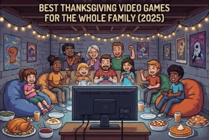 Family playing video games together in a cosy Thanksgiving living room
