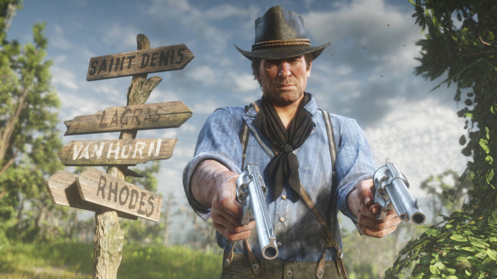 Red Dead Redemption II character with 2 pistols