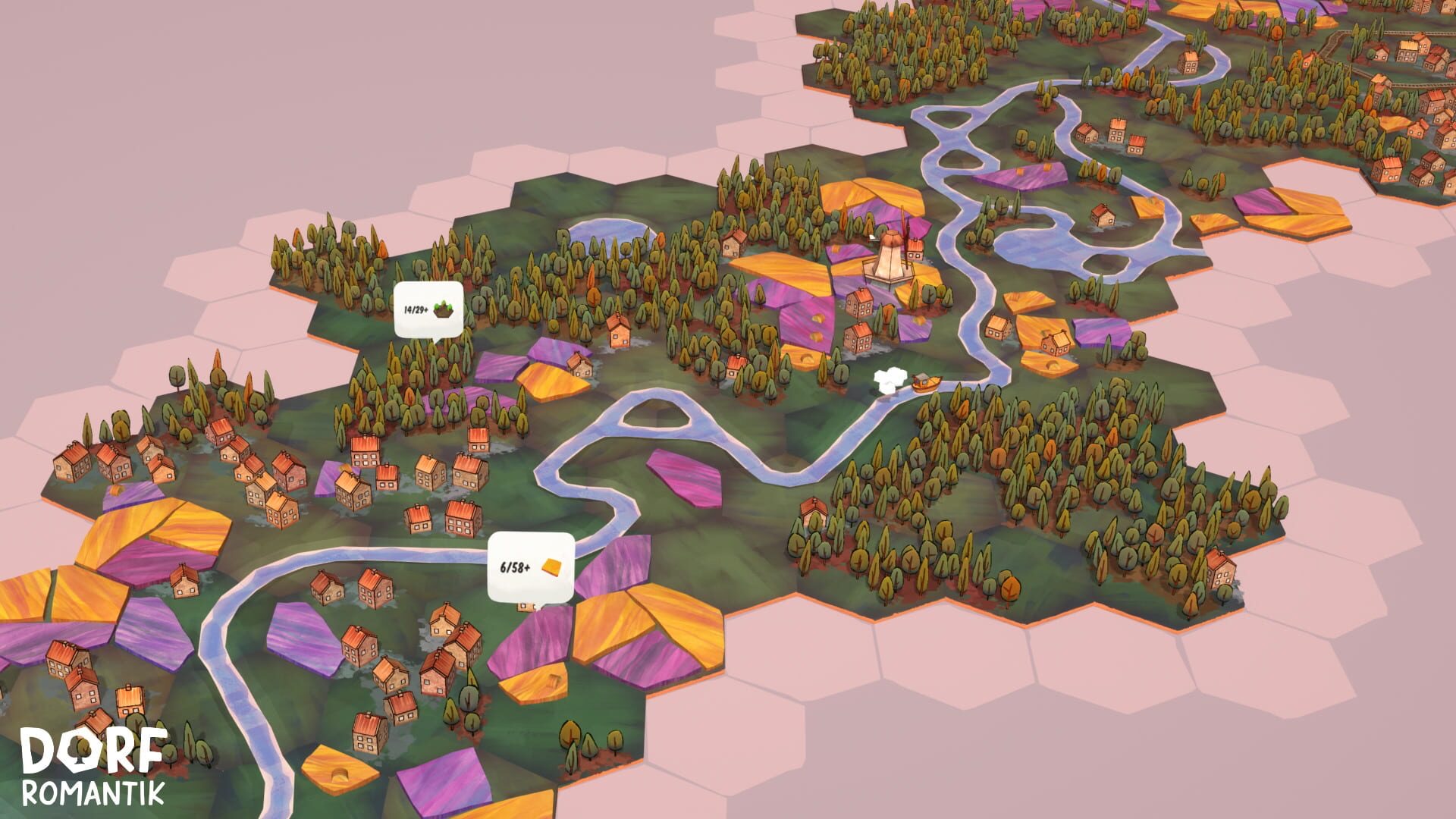 Dorfromantik — core tile placement loop with quest system and biome matching mechanics