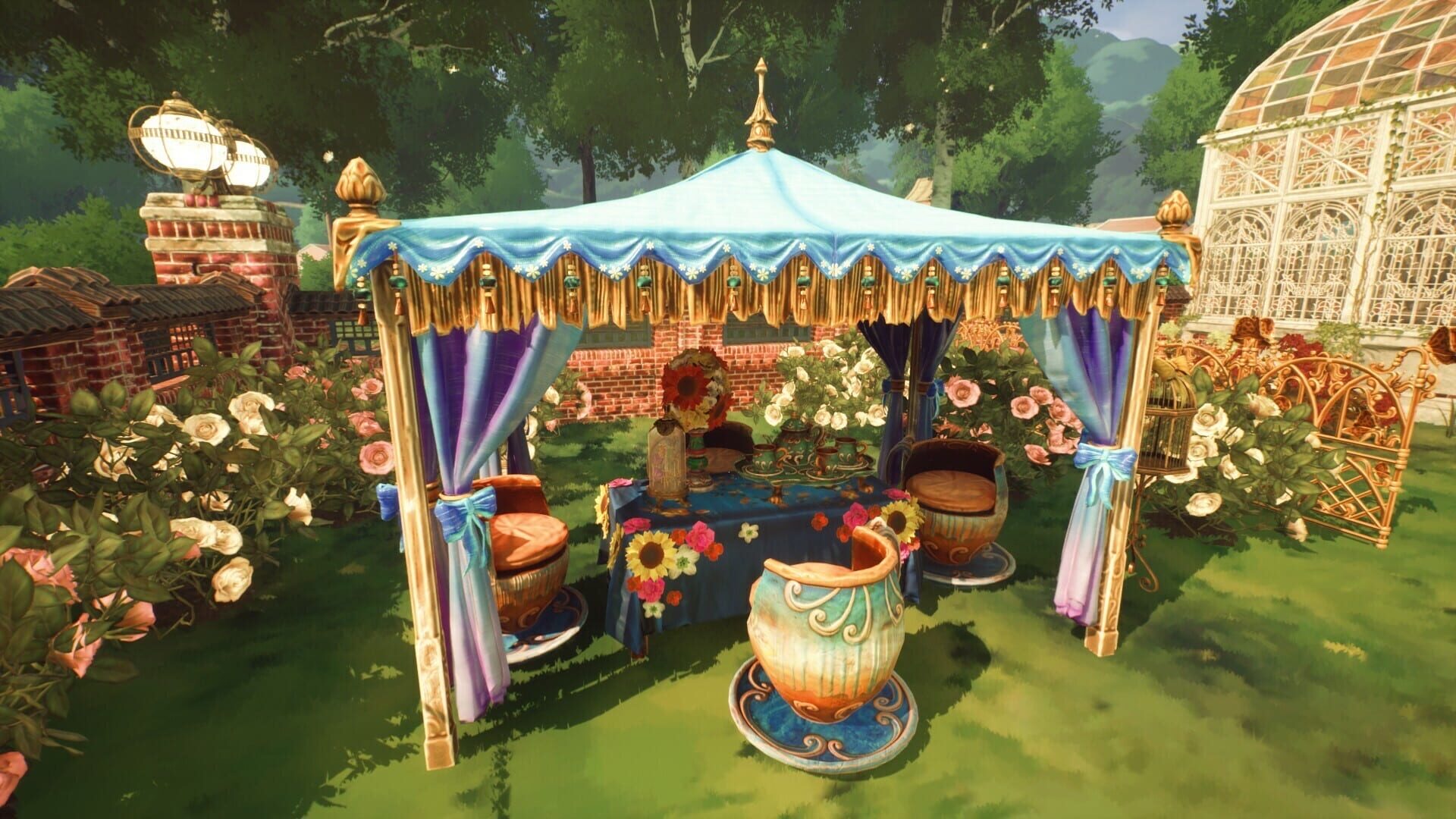 Garden Life A Cozy Simulator — decorated garden with ornaments and late-game blooms