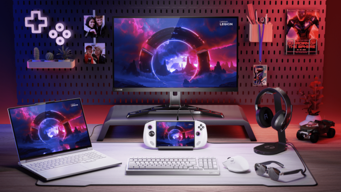 Lenovo Legion Go S ecosystem shot Lenovo Legion Go S in Glacier White, with accessories