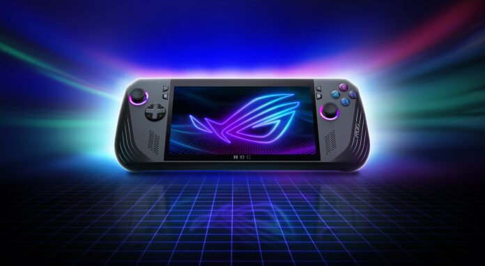 ASUS ROG Ally X hero ASUS ROG Ally X handheld gaming PC on a dark background