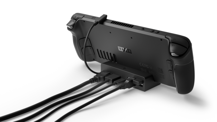 Steam Deck with docking station Steam Deck handheld in its docking station, representing handheld gaming accessories