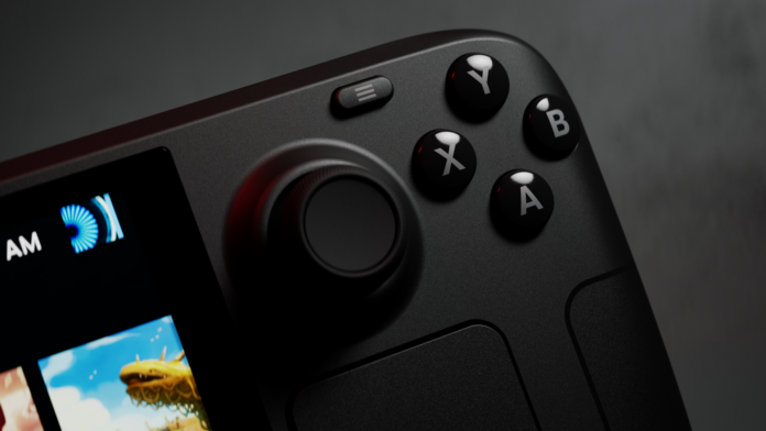 Steam Deck OLED ABXY side angle Steam Deck OLED handheld from the ABXY button side