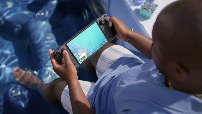 Steam Deck OLED with Dave the Diver Steam Deck OLED handheld with Dave the Diver on screen