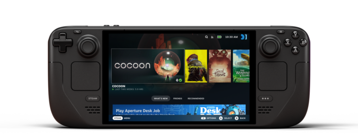 Steam Deck OLED press front rendering Steam Deck OLED handheld viewed front-on, OLED screen visible